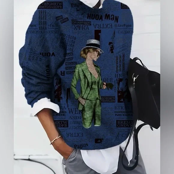 Blue Graphic Print Women's Sweater - Picture 1 of 4
